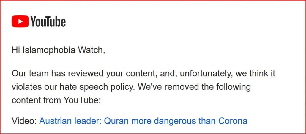 YouTube notice of video removal 